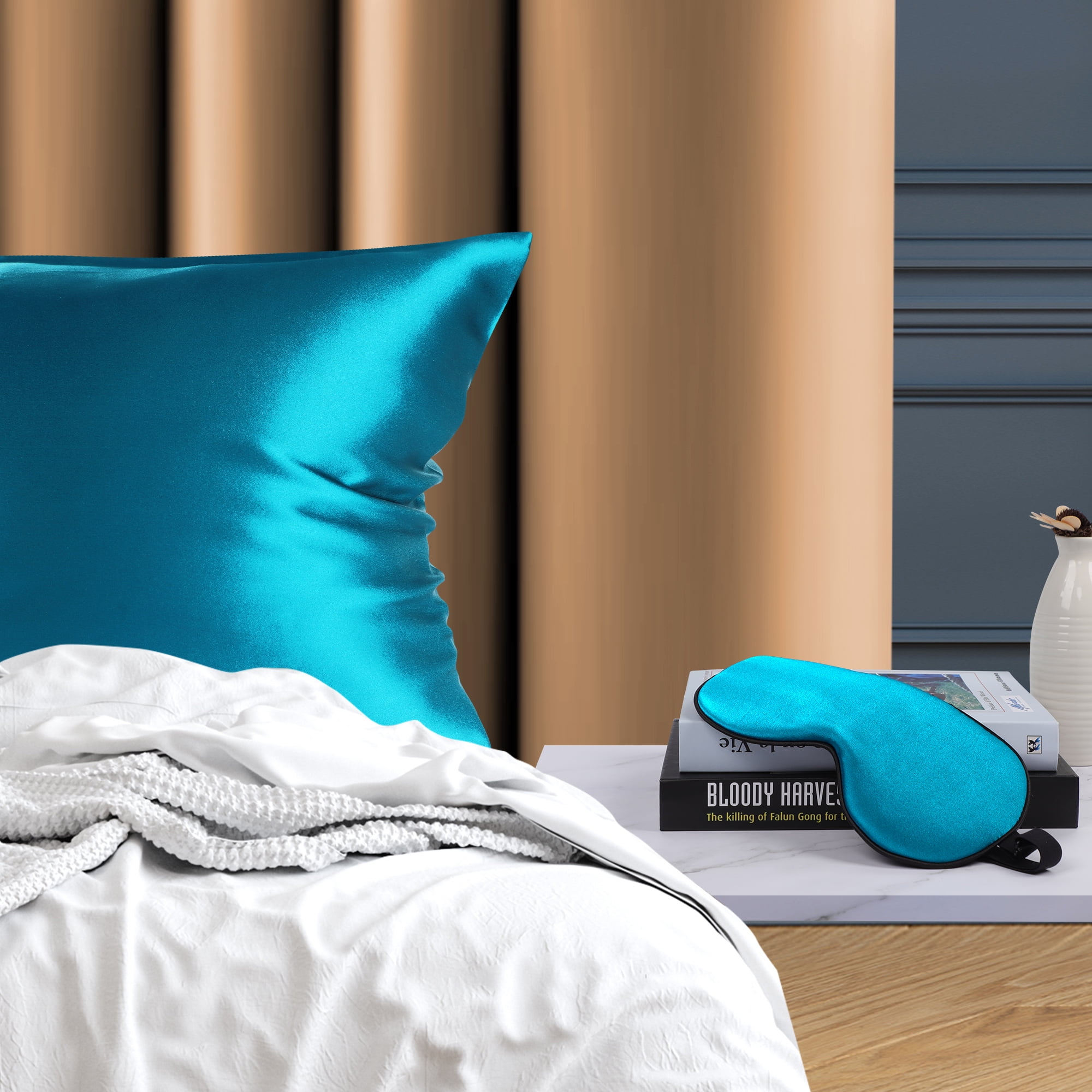 PiccoCasa 19 Momme Silk Pillowcase with Eye Cover Set King Peacock Blue