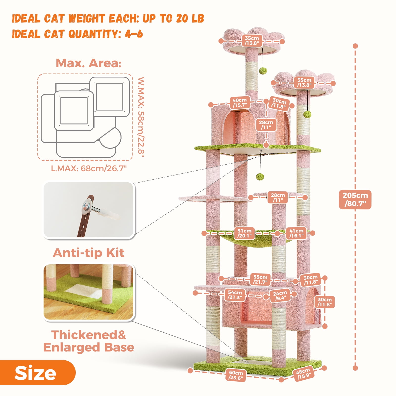 Pefilos 81" Tall Cat Tree for Large Cats, Heavy Duty Cat Tower with 2 Perches, 2 Condos and Spacious Hammock, Large Condo with 7 Scratching Posts, Pink