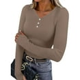 thumbnail image 2 of Posijego Women's Going out T-Shirt with Thumbhole Ribbed Long Sleeve Button V Neck Plain Basic Tee Tight Shirts, 2 of 9