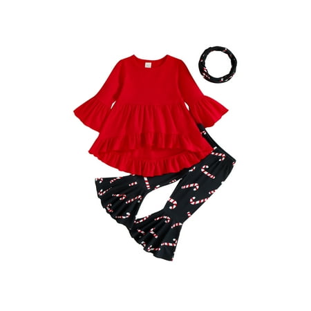 

EYIIYE Kids Girls Christmas Red Long Sleeve Round Neck High Low Tops + Cane Print Flare Pants + Circle Scarf Set 9 Months-4 Years