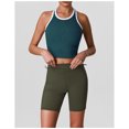 thumbnail image 3 of PISONIC Women 2 Piece Retro Contrast Trim Workout Set, Ribbed Racerback Tank Top & High Waist Butt Lifting Biker Shorts with Multi Pockets, Quick Dry Stretch Yoga Cycling Gym Activewear Outfit, 3 of 8