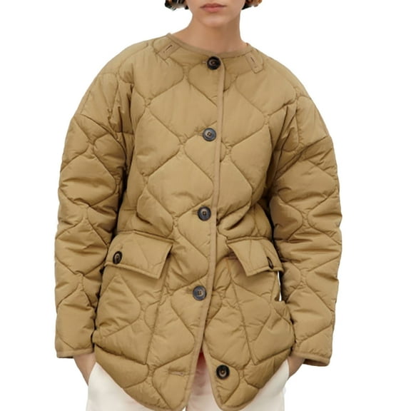 Herrnalise Jackets For Women Solid Color Large Diamond Plaid Large Pocket Cotton Coat Long Sleeve Button Cotton Jacket Shackets For Women 2024 fall Khaki,M