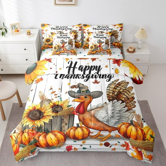Manfei Farm Turkey Sunflower 7-Piece Twin Bedding Sets,Thanksgiving Theme Bedding Comforter Set,Autumn Harvest Pumpkin Sheet Sets For Kids,Super Cozy Room Decor Reversible