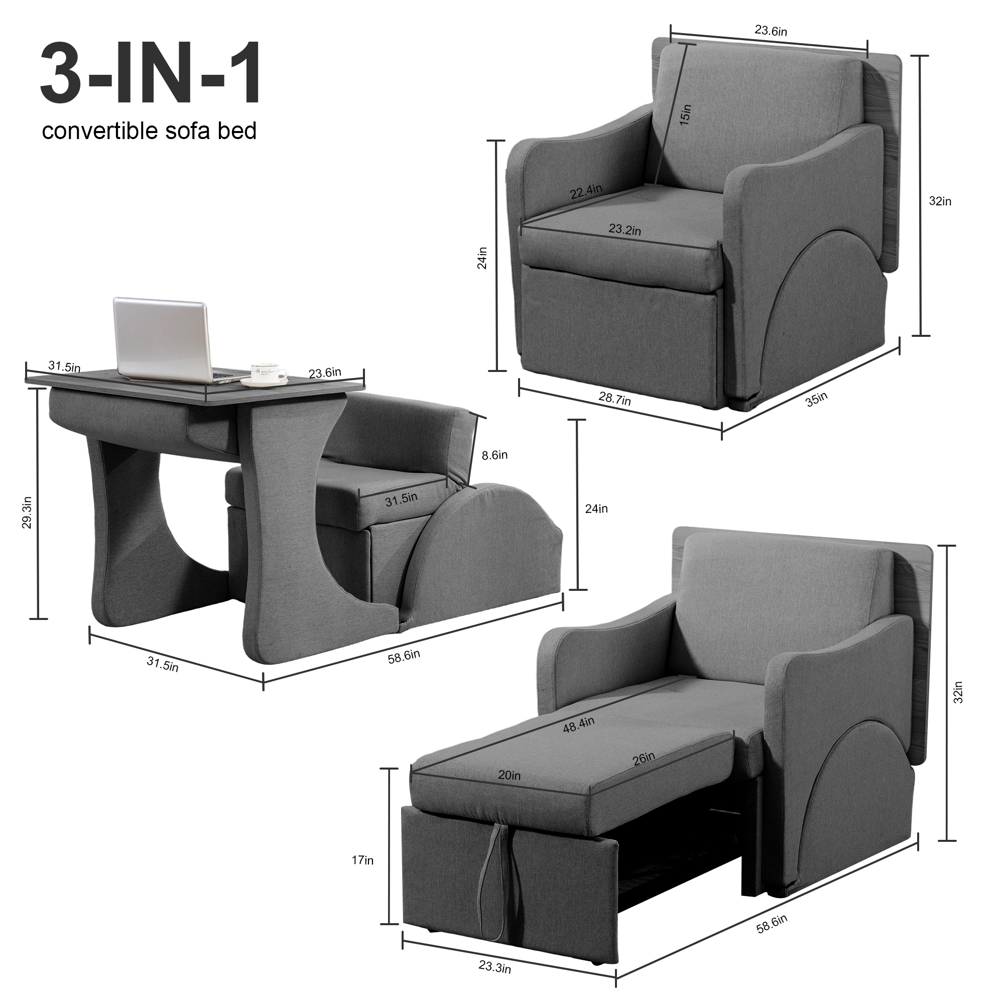 VNT 3-in-1 Convertible Sofa Bed Chair, Sleeper Chair with 6 Levels Adjustable Backrest & Pull Out Function for Living room, Apartment, Gray