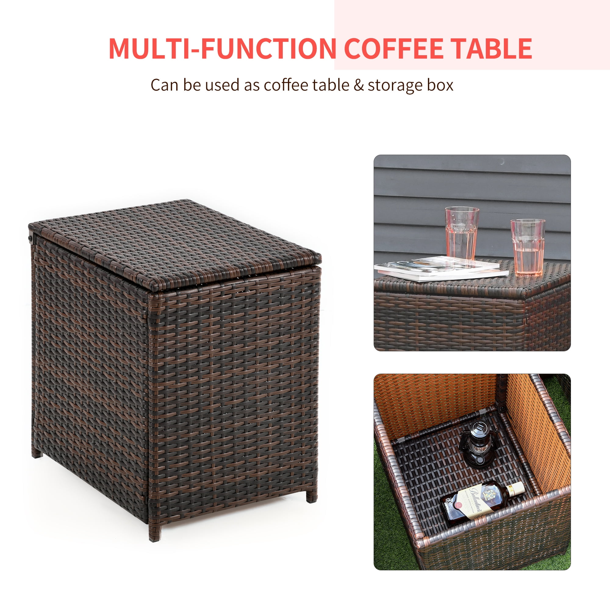 Outsunny 3 Piece Patio Furniture Set, PE Rattan Wicker Storage Table and Chairs w/ Tufted Cushions, Red