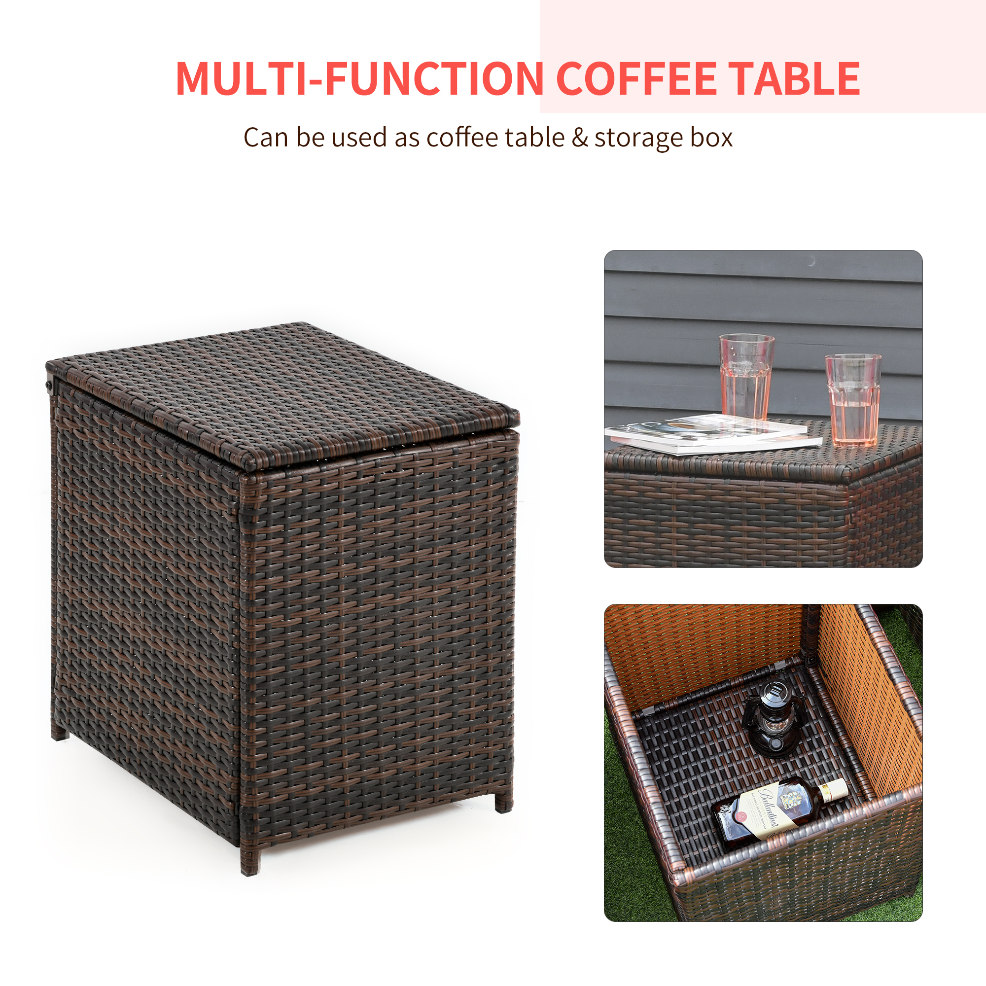 Outsunny 3 Piece Patio Furniture Set, PE Wicker Storage Table & Chairs, Red - image 4 of 9