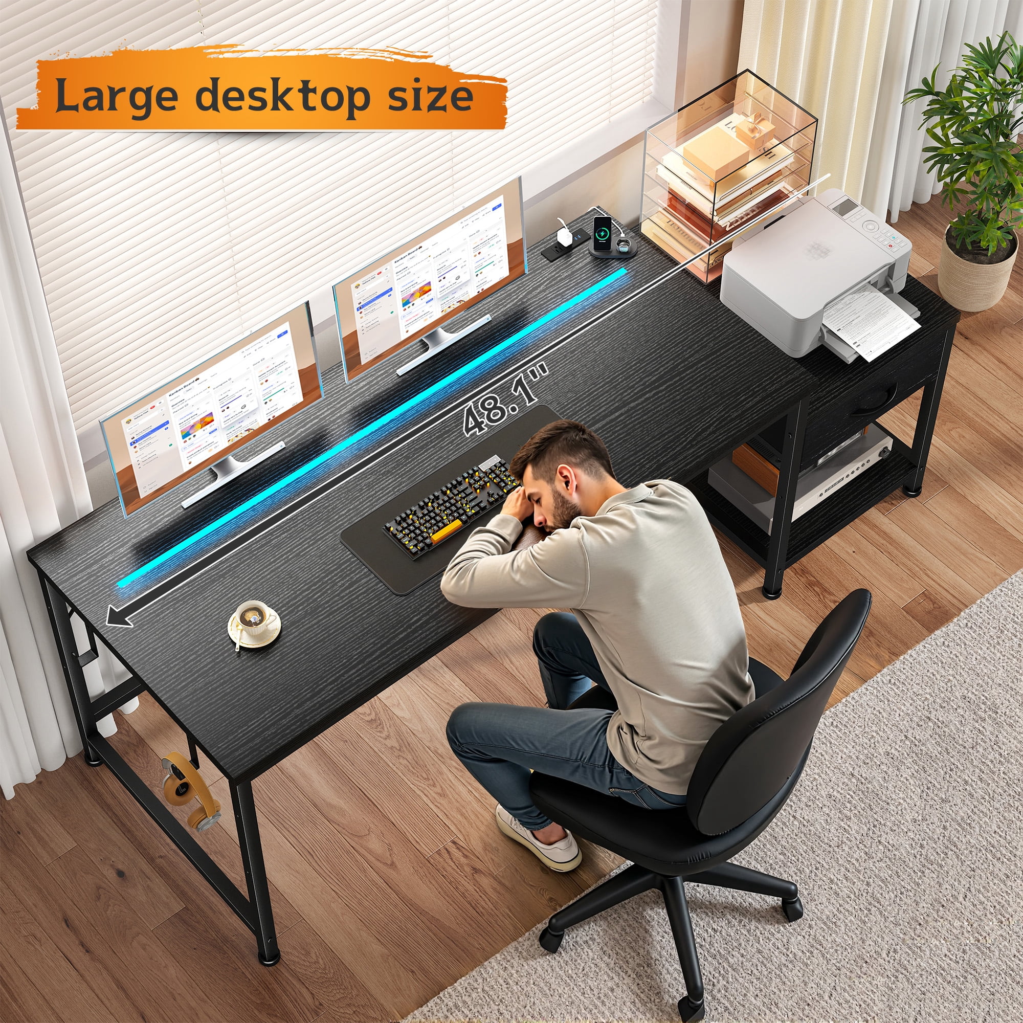 Romorgniz 48"W Gaming Desk with LED Lights & Power Outlets, Computer Desk with Fabric Drawer & Printer Shelf, Small Space Desk for Home Office, Dorm, Bedroom, Black