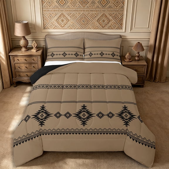 Castle Fairy Bohemian Tribal Aztec Full Size Comforter Sets 3-Piece,Hippie Boho Bedding Comforter Set,Taupe Black,Reversible,1 Comforter and 2 Pillowcases