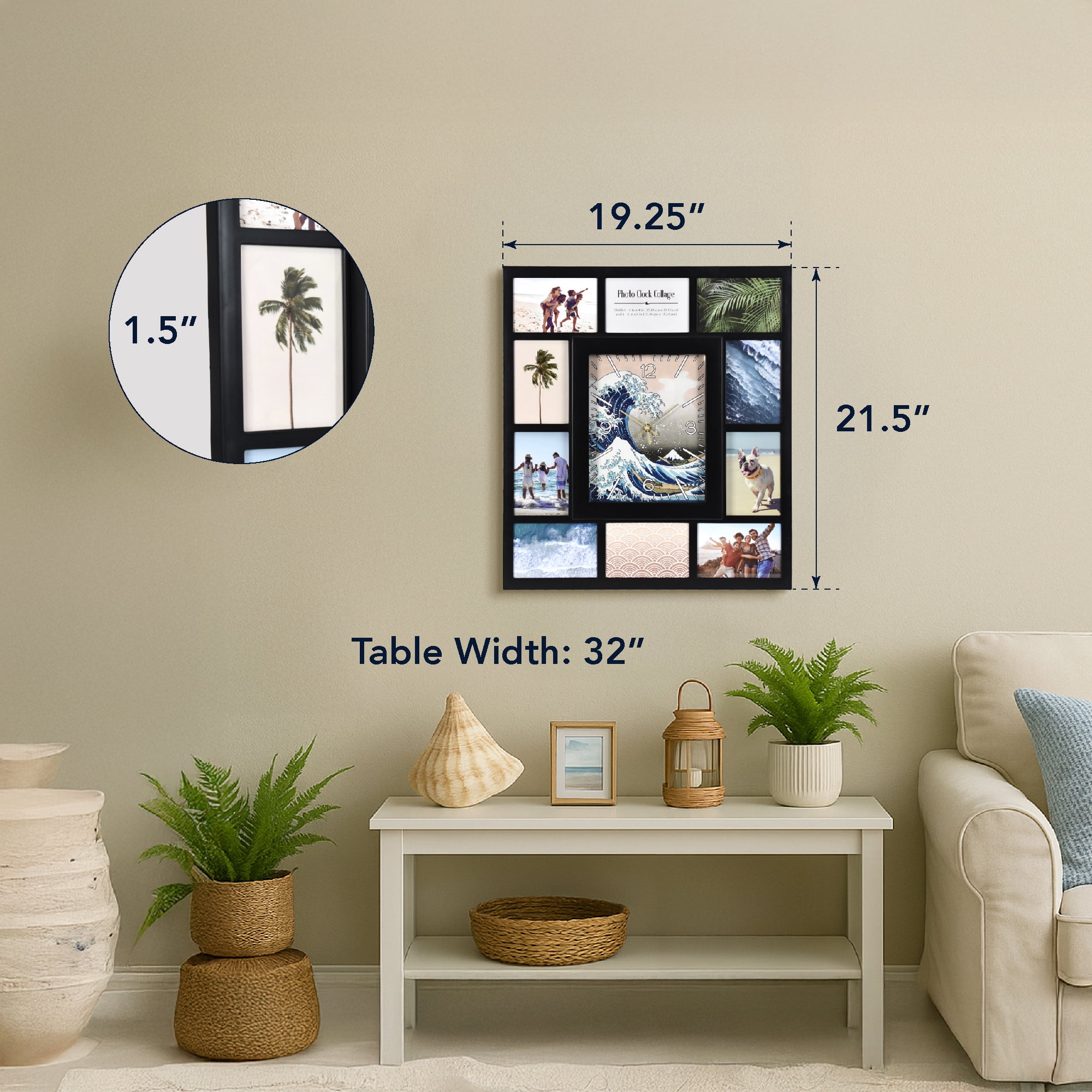 Great Wave Black Picture Frame Photo Collage Wall Clock - 10 Slots, Family Decor for Living Room Entryway Hallway Bedroom 19.25x21.5"
