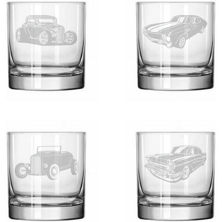 Set of 4 Glass 11 oz Rocks Whiskey Old Fashioned Gift Classic Cars Hotrod Collection