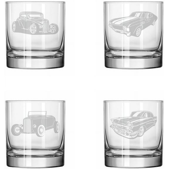 Set of 4 Glass 11 oz Rocks Whiskey Old Fashioned Gift Classic Cars Hotrod Collection