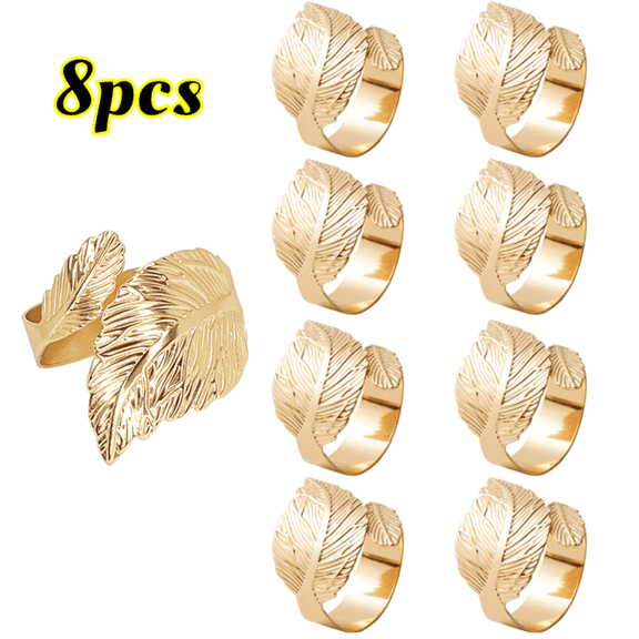 Gold Napkin Rings, Shiny Metal Napkin Rings Set of 8, Study Leaf Shaped Table Decor, Stylish Fall Napkin Ring Bulk for Christmas, Easter, Wedding, Party, Elegant Table Settings Gift Ideas
