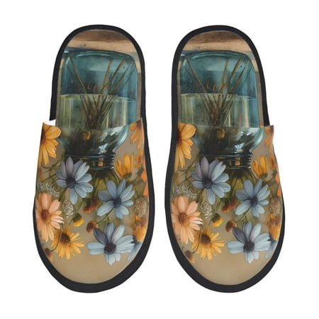 

Rateoe Charming Daisy Bouquet Art Pattern Fuzzy Slippers Fuzzy Soft House Slippers Plush Furry Warm Cozy Open Toe Fluffy Home Shoes-Medium