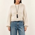 thumbnail image 4 of Edvintorg Pullover Sweaters for Women Solid Color Crew Neck Cropped Sweater Long Sleeve Loose Pullover Top Clothes Women Beige M, 4 of 6