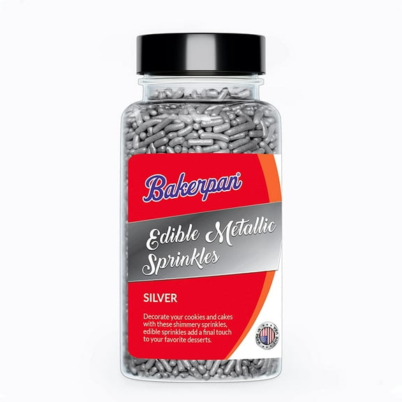 Bakerpan Edible Metallic Silver Sprinkles, Shimmer Jimmies Cake Topping - 4.3 Ounces