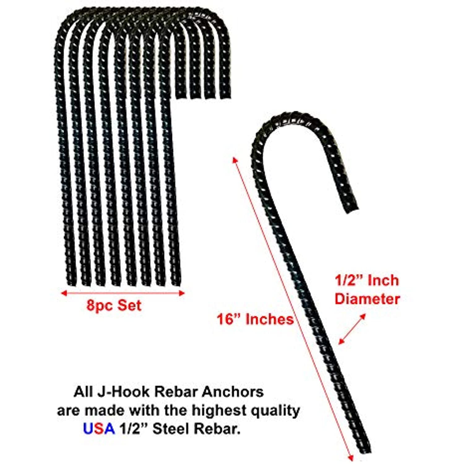 Urbalabs 16" Rebar Stakes Extra Heavy Duty 1/2 inch #4 J Hook Curved Steel Metal