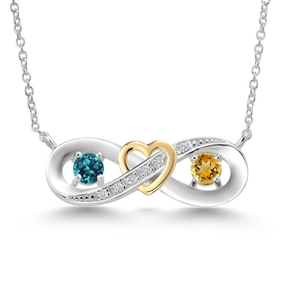 Gem Stone King 925 Silver and 10K Yellow Gold London Blue Topaz Yellow Citrine and Lab Grown Diamond Heart Interlocking Infinity Symbol Pendant Necklace for Women (0.65 Cttw, with 18 inch Chain)