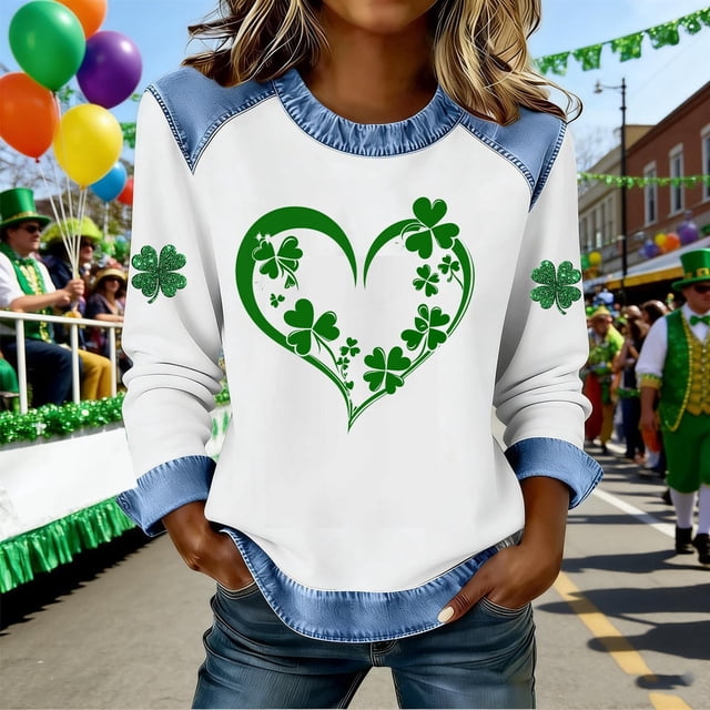 TaTaai Fashion St Patrick's Day Color Block Women's Long Sleeve Round Neck Shirt, Casual Comfort for Holiday Daily Home Wear Gift