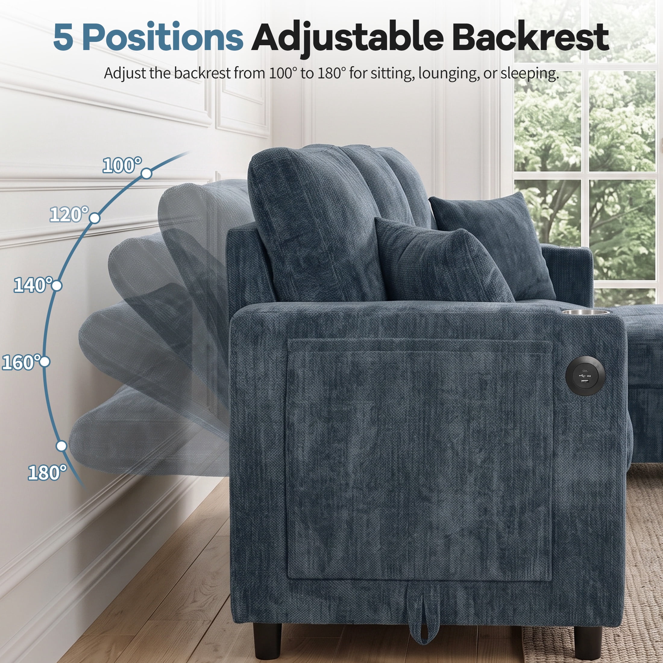 Aenkyo 82" Chenille L-Shaped Sectional Pull Out Sofa Bed with Storage Chaise & Side Table, Blue