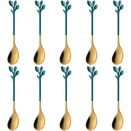 

10-Pieces 4.7-inch Small Coffee Spoons With Leaf Handle (Green & Gold)