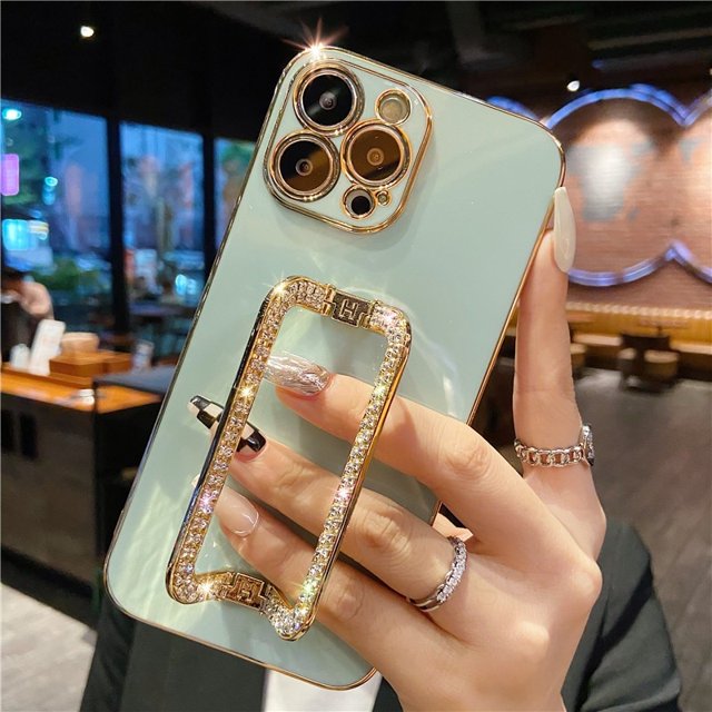 Funda de teléfono chapada en oro con soporte cuadrado de cristal 3D de Corea para iphone 14 12 Pro Max MiNi 11 13 Pro X XS XR 6 S 7 8 Plus SE Tan Jianjun unisex