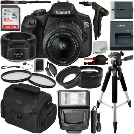 Canon EOS 2000D (T7) DSLR Camera with 18-55mm IS II & 50mm f/1.8 STM Lens & Essential Accessory Bundle – Includes: SanDisk Ultra 32GB SDHC Memory Card + Wide Angle & Telephoto Lens Attachments + MORE