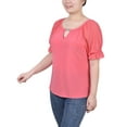 thumbnail image 2 of NY Collection Womens Short Ruffle Sleeve Rhinestone Keyhole Knit Blouse, Pink, Petite, PL, 2 of 4