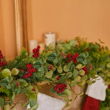 Christmas Garland with Berries, Christmas Cedar Garland, Cedar Garland Artificial Christmas, Xmas Artificial Garland, Christmas Decorations Indoor for Winter Mantle Fireplace Table Xmas Decor