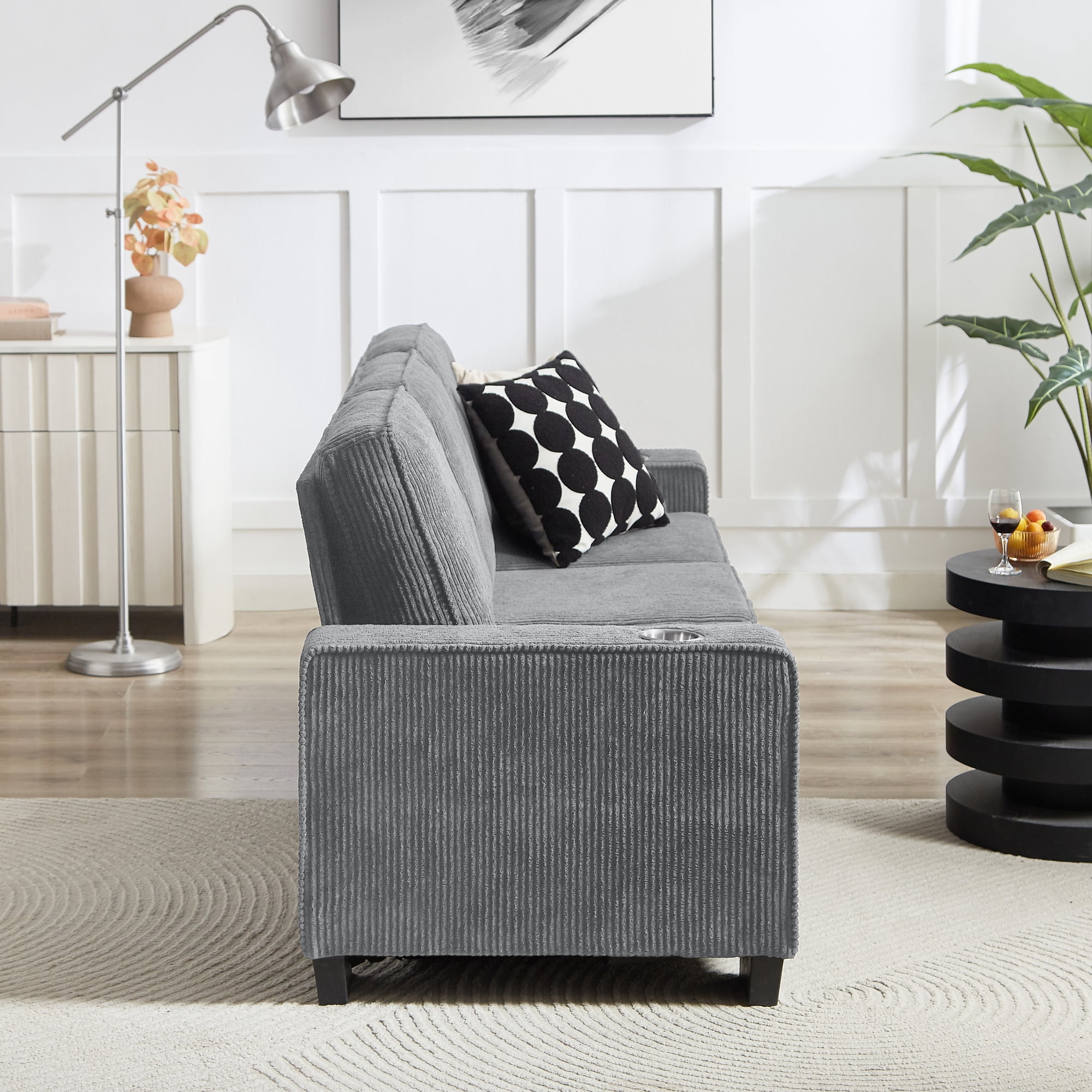 83.86" Large Sofa with Extra Deep Seats,Comfy Corduroy Couch with Cupholders,3 Seater Sofa for Living Room,Bedroom,Office,Gray+Corduroy