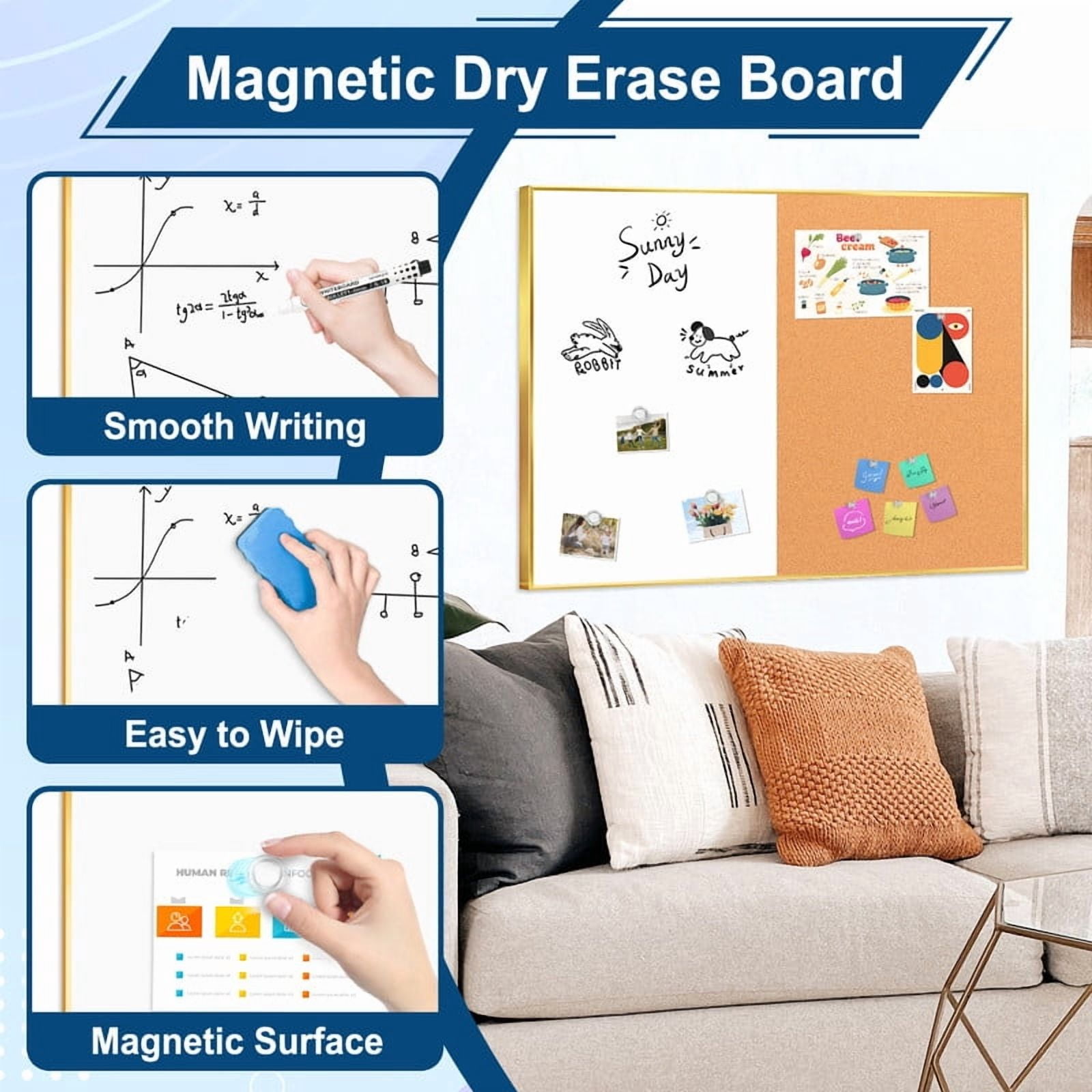 Cork Board Magnetic Dry Erase Board Combo, 36 x 24 Inches Lage Whiteboard and Bulletin Board Combination, Aluminum Frame Vision Board with with 2 Markers, 6 Magnets, Eraser and Push Pins