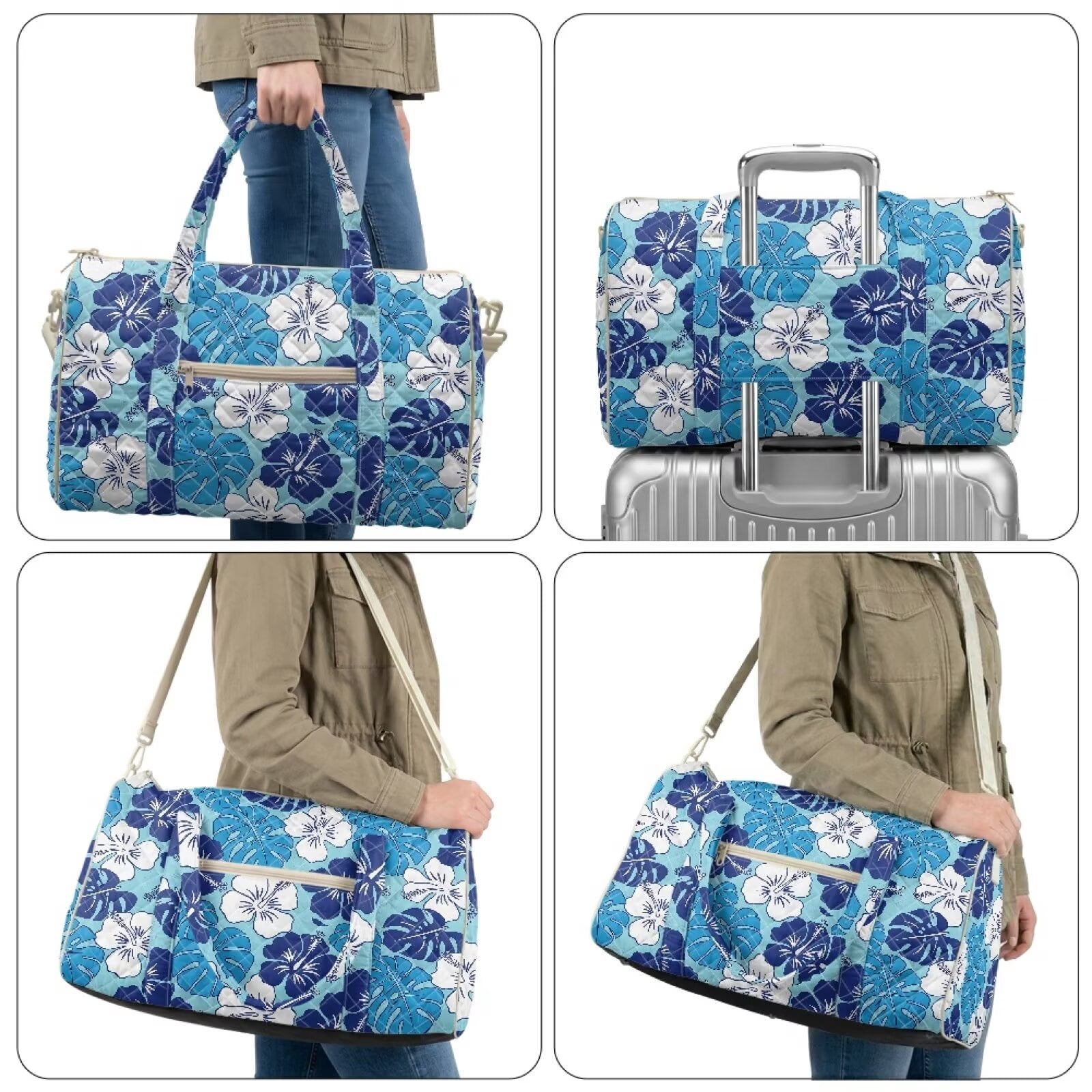 Garronmavis Blue Floral Print Quilted Duffle Bag for Women, Large Weekender Overnight Gym Bag with Luggage Sleeve, Carry On Travel Bag for Airplane Trips