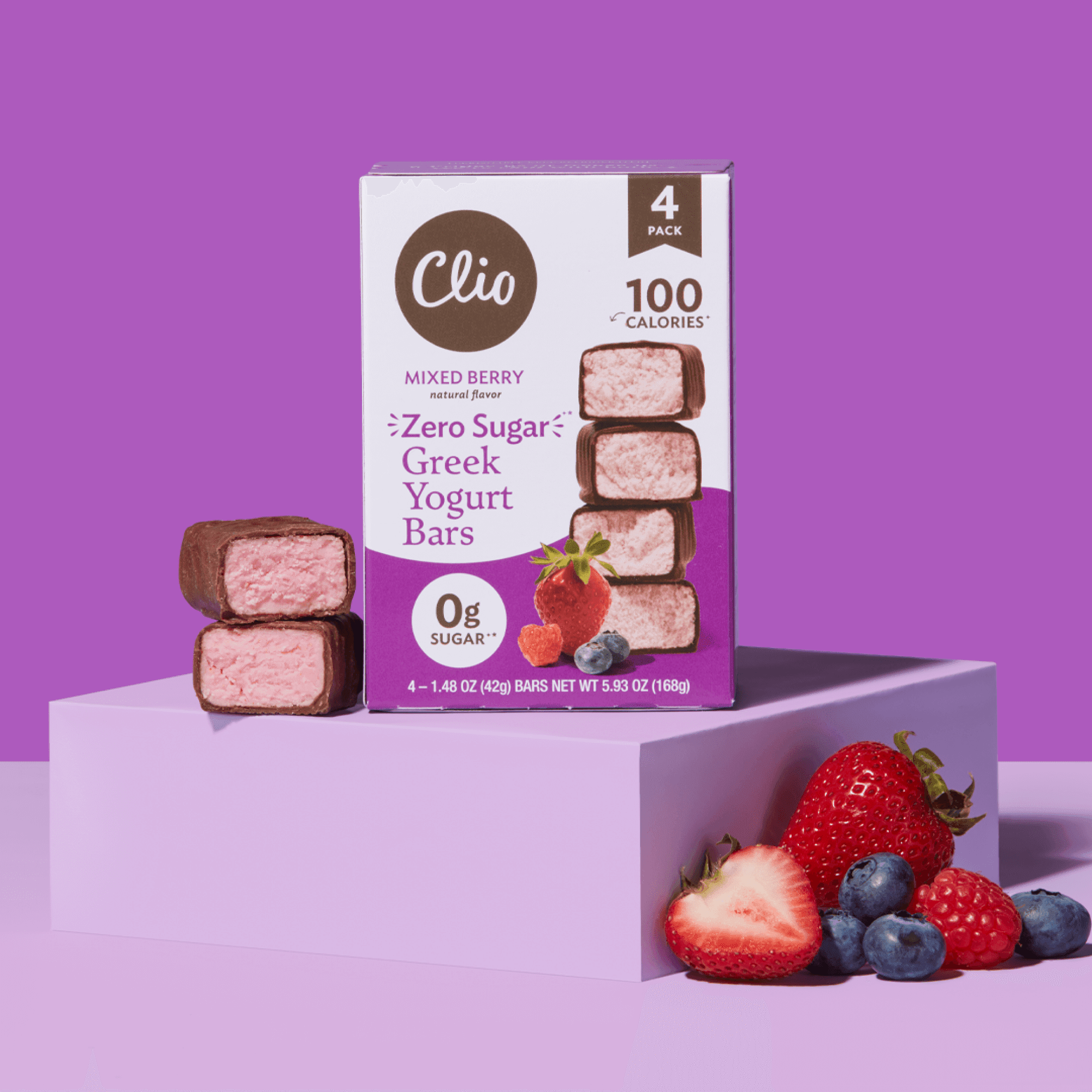 Clio Zero Sugar Mixed Berry Greek Yogurt Bar in Chocolatey Coating, 1.48 oz, 4 Ct