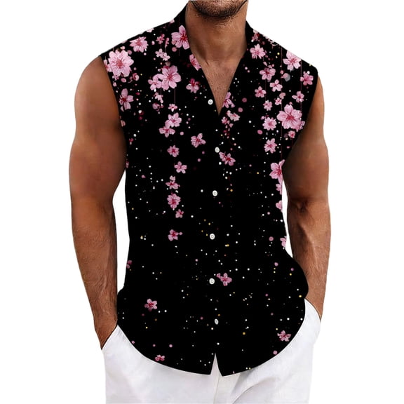 LWavelet Men's Sleeveless Hawaiian Shirt Ditsy Floral Button Down Casual Summer Vacation Top Pink 3XL