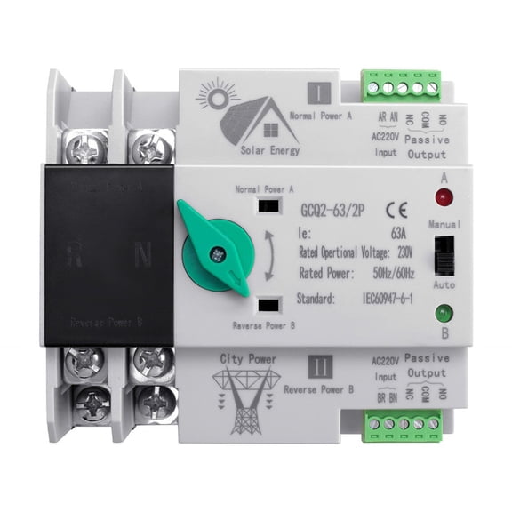 Photovoltaic Solar Power ATS Automatic Transfer Switch Din Rail 2P 63A AC220V ATS PV System Power to City Power,1 x Automatic Transfer Switch,White & Black