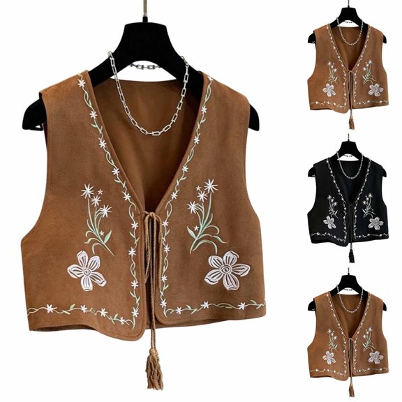 HongQid Embroidered Suede Vest for Women Floral Sleeveless Cropped Vest Boho Tie Front Western Style Waistcoat