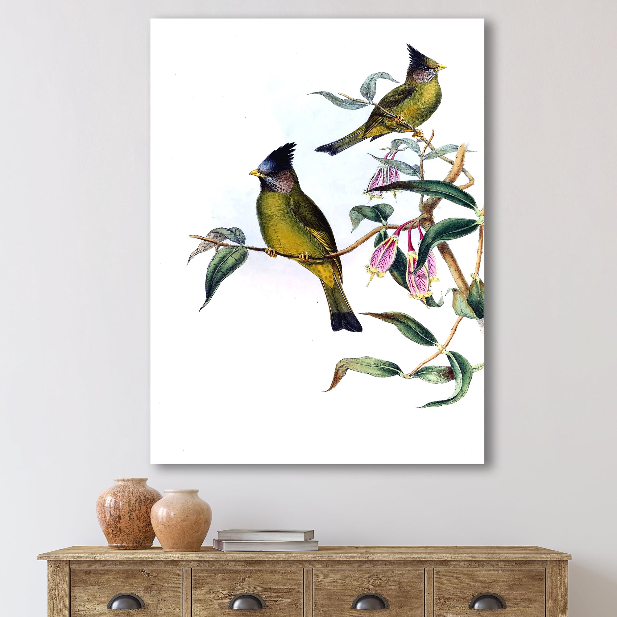 Designart ' Vintage Countryside Birds On Branch II ' Farmhouse Canvas Wall Art Print