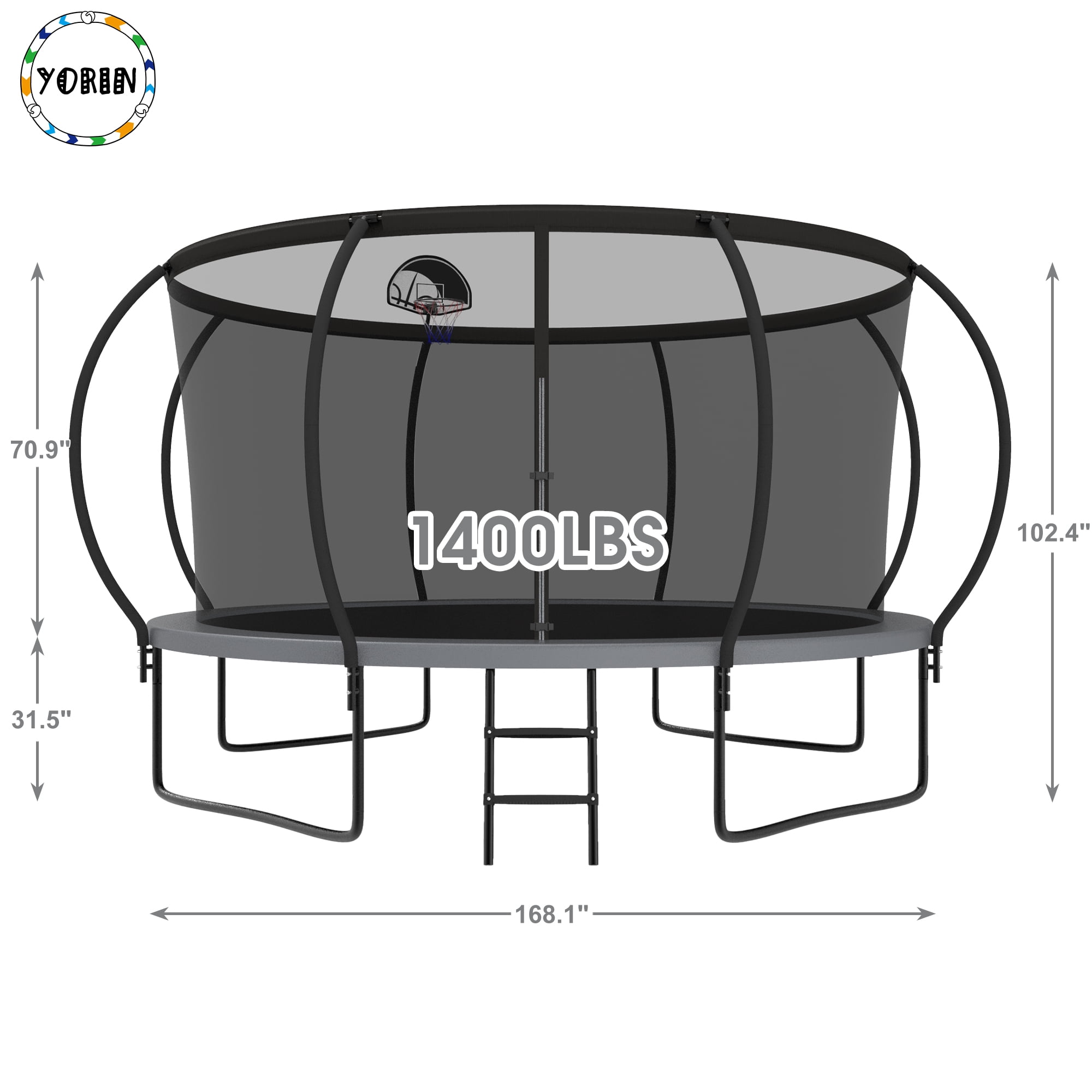 YORIN Trampoline, 14 FT Trampoline for 7-8 Kids Adults with Enclosure Net, Basketball Hoop, Ladder, 1400LBS Outdoor Round Recreational Trampoline, Heavy Duty Trampoline with Light, Sprinkler, Socks