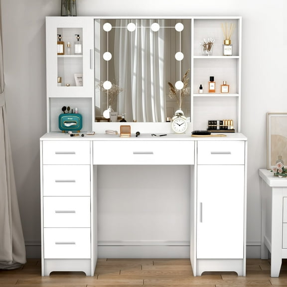Caulitar Large Vanity Set with Mirror and Lights, Makeup Table with 6 Drawers and Cabinets, Makeup Vanity Desk for Women, White