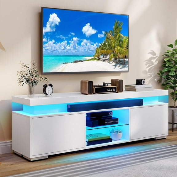 MY White Modern TV Stand with LED Lights and Power Outlet, Modern Entertainment Center for 55/60/65 Inch, Media Console Table TV Cabinet with Storage, Universal TV Stand for Living Room,White