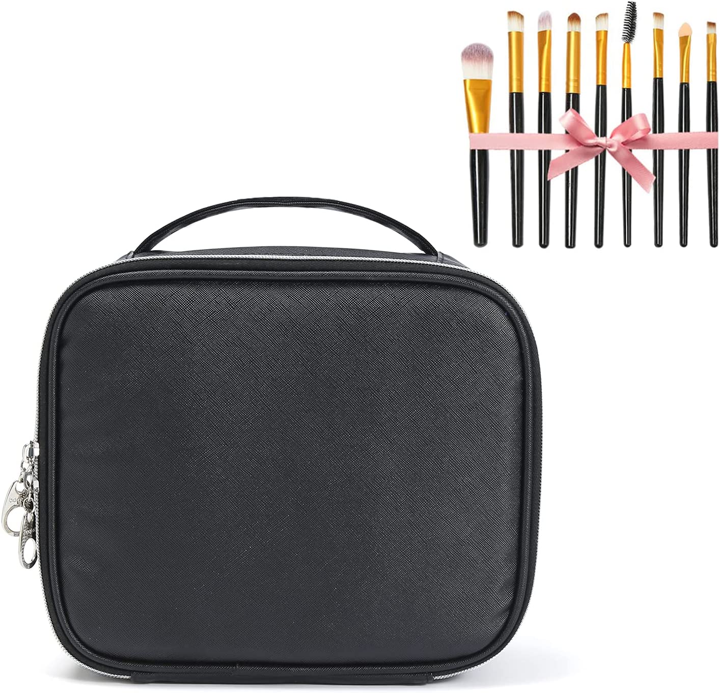 Travel Makeup Bag Large Leather Cosmetic Bags with Extra 9 Brushes.Adjustable Dividers.Make Up