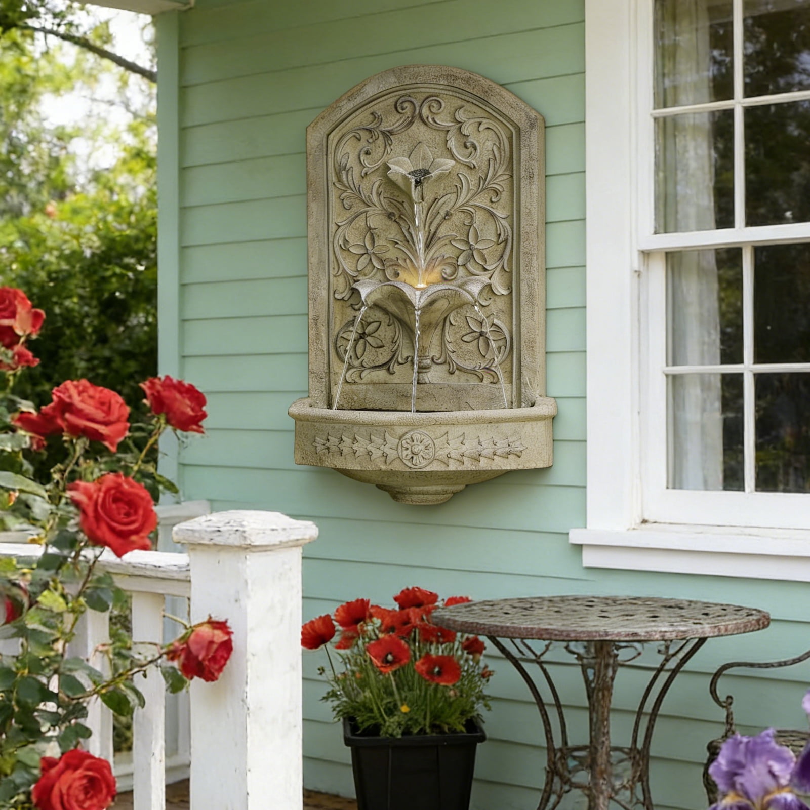Vintage Wall-Mounted Outdoor Fountain, 28.3" H Resin Garden Water Feature with Floral Carving, Decorative Antique Wall Waterfall for Patio, Yard, Porch & Home Décor