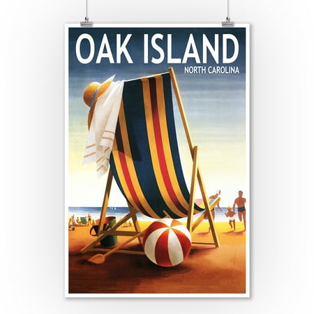 Oak Island, North Carolina - Beach Chair and Ball - Lantern Press Artwork (9x12 Art Print, Wall Decor Travel (Best Beaches In North Carolina)