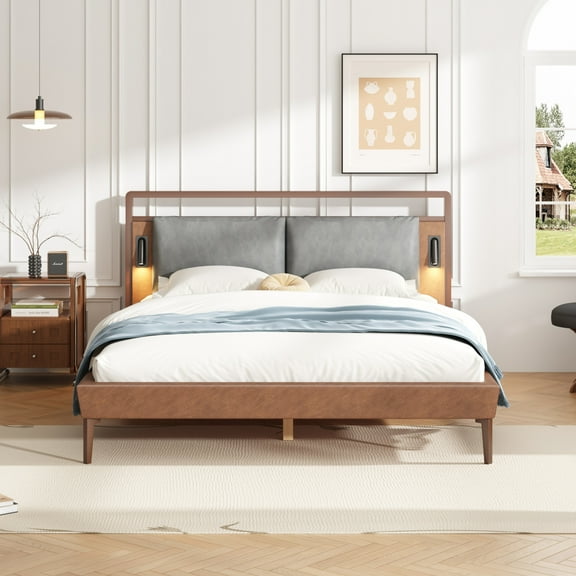 Christopher Knight Home PU Upholstered Full Bed Frame with Reading Lights, Brown Gray