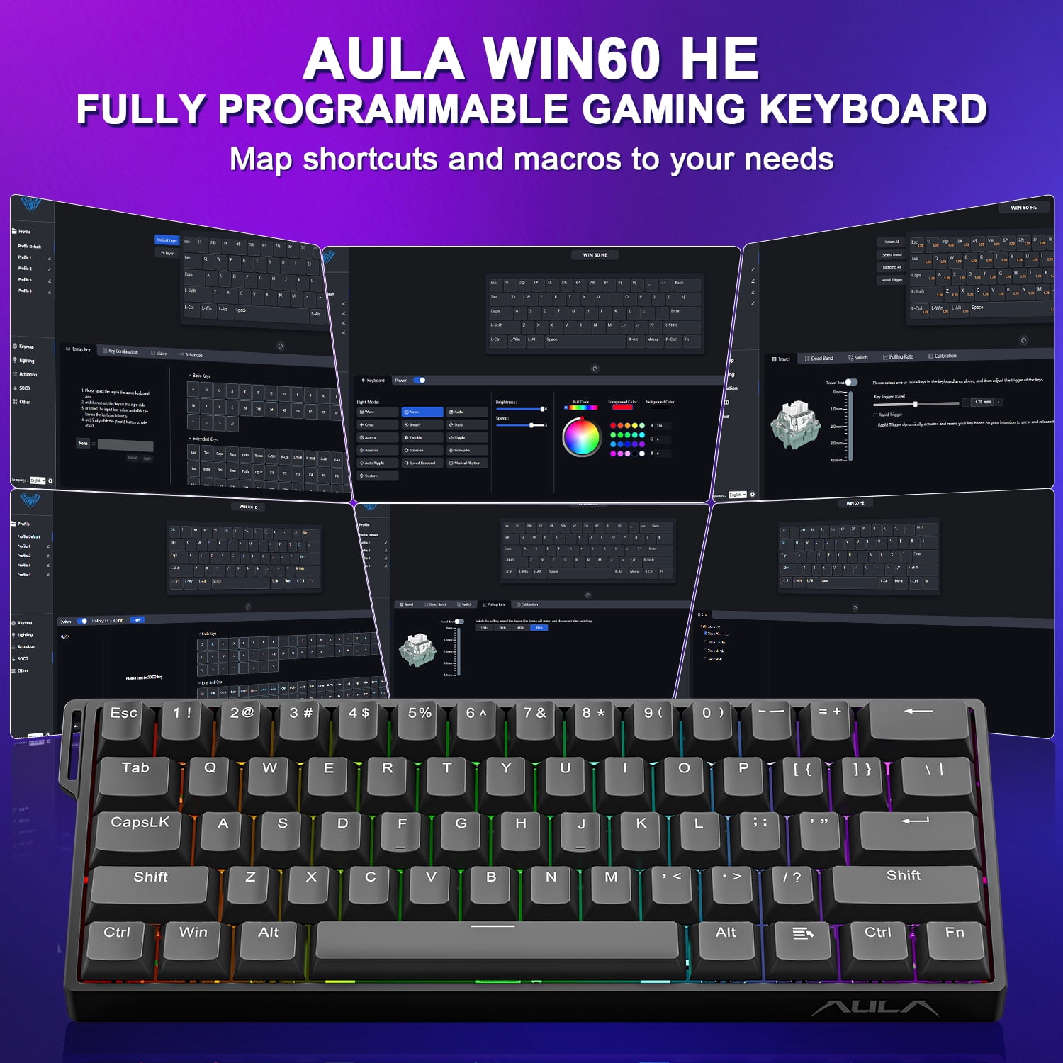 Aula WIN60 HE 60% Mechanical Gaming Keyboard, Magnetic Switch, 8000Hz Polling Rate, Adjustable Actuation Rapid Trigger Mode, RGB Hot Swappable PBT Keyboard Wired, 60 Percent Compact Design for PC