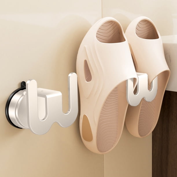 Soporte de pared con ventosa para zapatillas de baño | Gancho de almacenamiento de zapatos sin perforación | Acero inoxidable | Sostiene 2 pares | Drenaje, ahorro de espacio | Se adapta a azulejos o