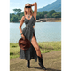 thumbnail image 5 of Vestido de Verano para Mujer, , con Escote en V, Estampado Floral, Estilo Tropical, con Abertura Lateral para Playa Negro S, 5 of 10