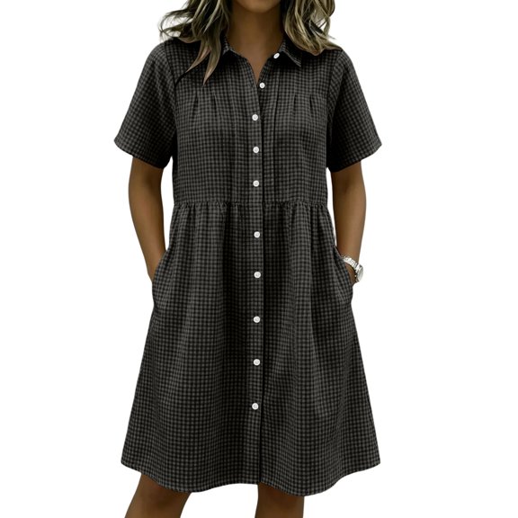 Womens Gingham Shirt Dress Collared Short Sleeve Relaxed Fit Casual Summer Dresses Comfy Everyday Midi Shirt Dresses Black L