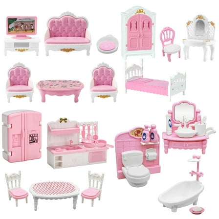 32 Pcs Pink Dollhouse Furniture Set,4 in 1 Dollhouse accessories and furniture, Pretend Play Furniture Toys Christmas Birthday for Girls 3Y