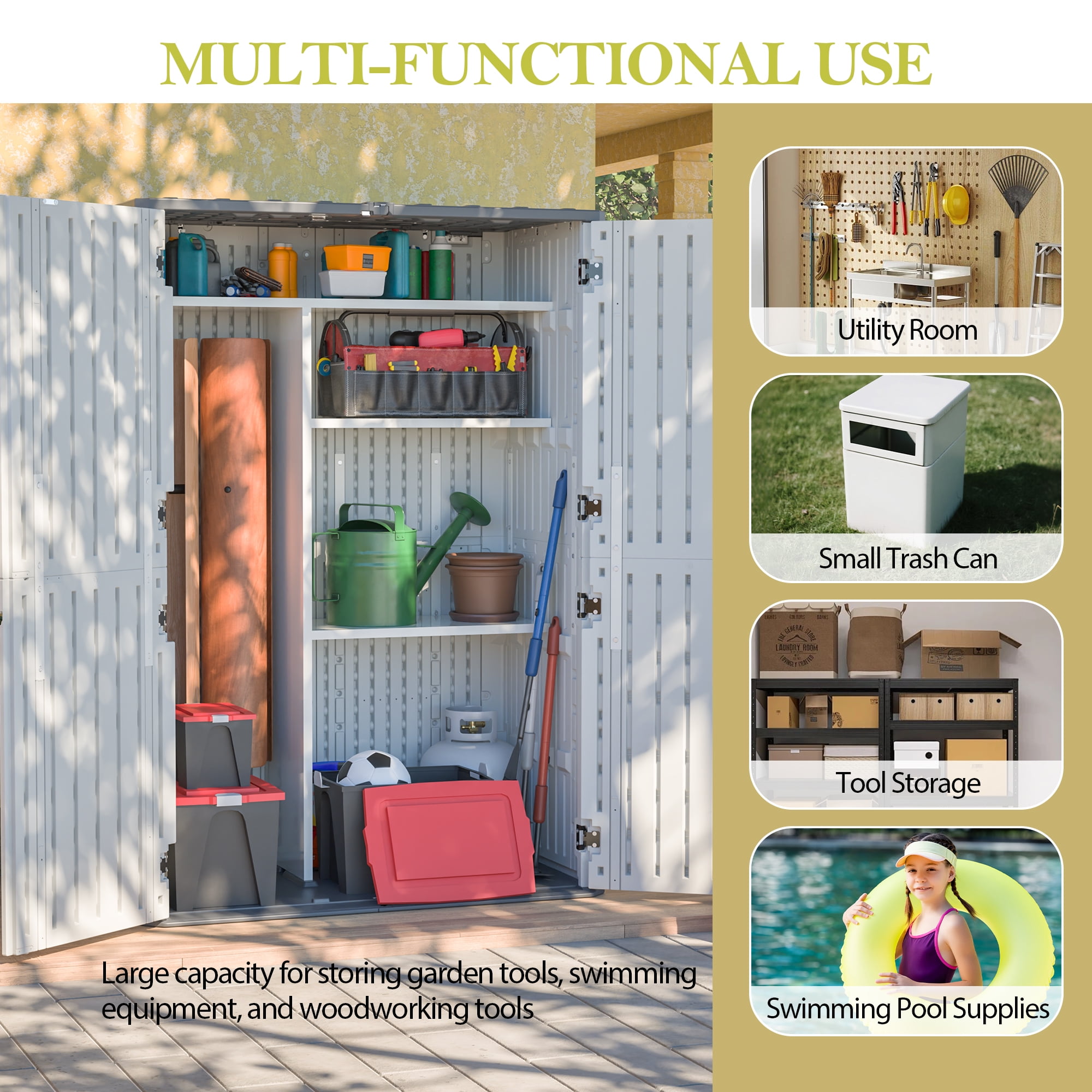 LZBEITEM 61 Cu.ft Upgraded Outdoor Horizontal Storage Shed with 4 Adjustable Shelves, Weather-Resistant Resin Tool Sheds, Multi-Opening Door, Waterproof & Lockable