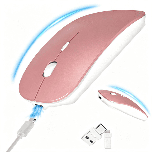GJX Slim Bluetooth Wireless Mouse with Jiggler-Rose Gold|Rechargeable Portable Mouse,Bt5.2&2.4G,Usb-C/Usb-A Receiver,Adjustable Dpi for Macbook,Ipad,Laptop&Pc